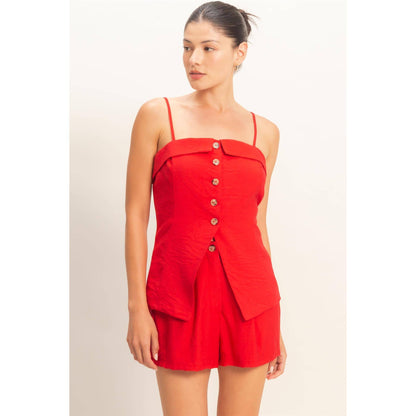 Strap Buttoned Top And Shorts Set